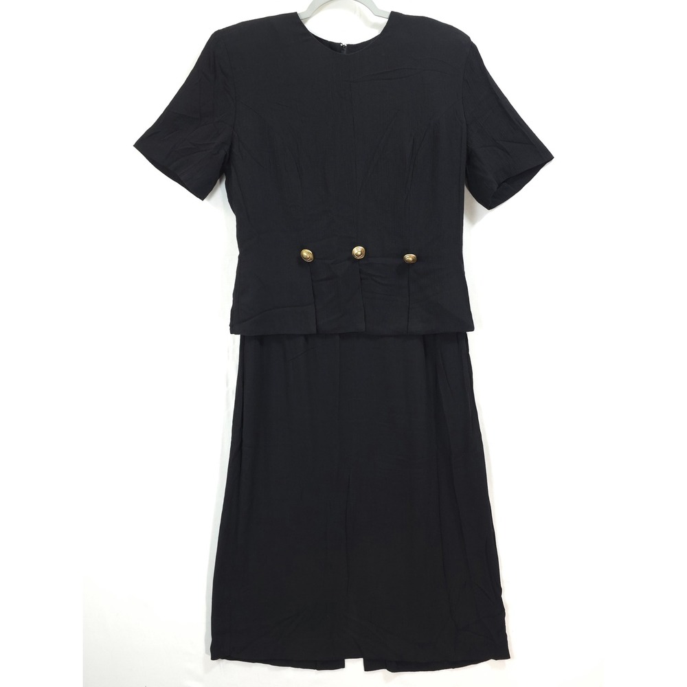 Sunshine Starshine Midi Dress Women 10 Gold Button Peplum Black Vtg Office Siren